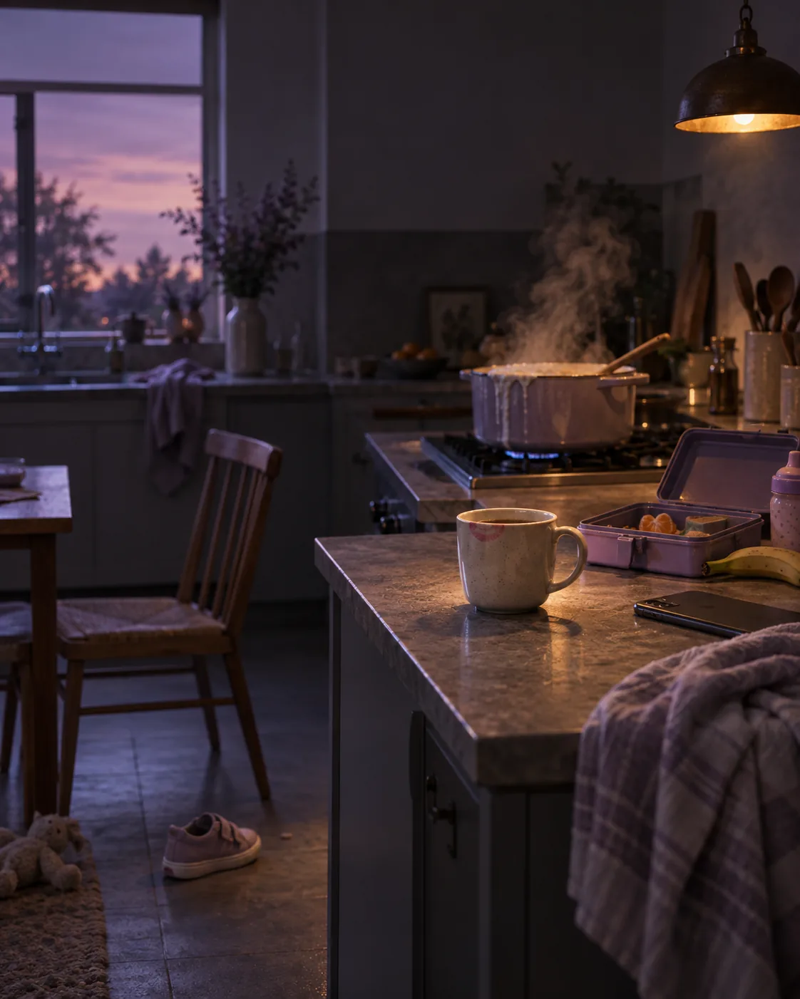 Cozinha às sete da noite: a panela no fogo, o café esfriando na caneca e a cadeira vazia